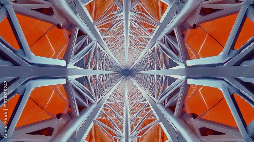 Poster abstract view of steel structure with symmetrical patterns and vibrant orange background showcasing 
