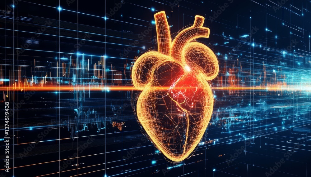 Aufkleber digital heart monitoring glowing red heart icon on abstract grid background vector illustration.