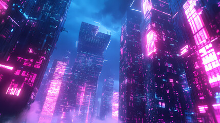 Fototapeta premium Futuristic architecture illuminated neon city image. Neon Futuristic Ruins. Illustration