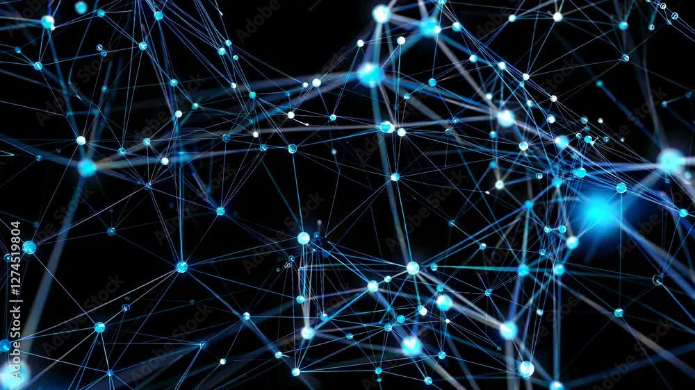Poster dynamic low-angle video of interconnected blue nodes and lines, representing a digital network or fu