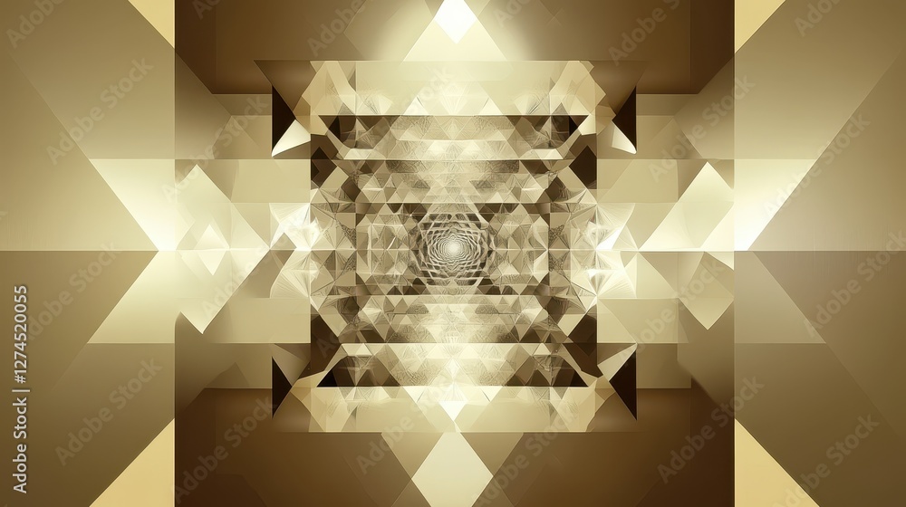Poster abstract geometric design with golden tones and luminous shapes creating a sense of depth and intrig