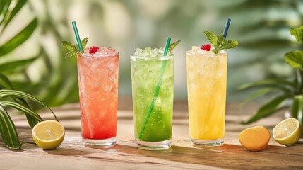 Fototapeta premium Three colorful refreshing cocktails with mint and fruit garnishes on a wooden table surrounded by greenery