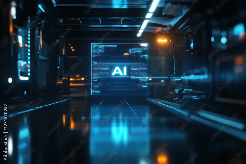 Poster futuristic corridor with glowing ai display and lights