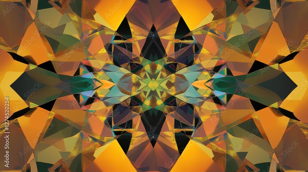 Poster abstract geometric artwork in vibrant colors with symmetrical shapes and intricate patterns for mode