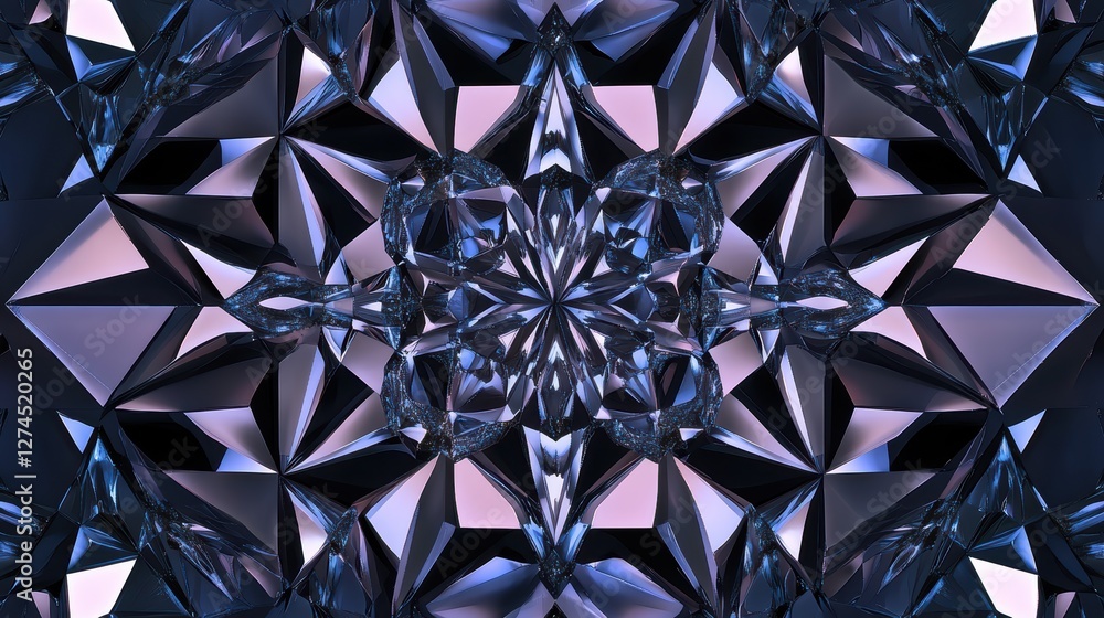 Poster intricate geometric pattern of shimmering crystals and facets in dark and light tones for art design