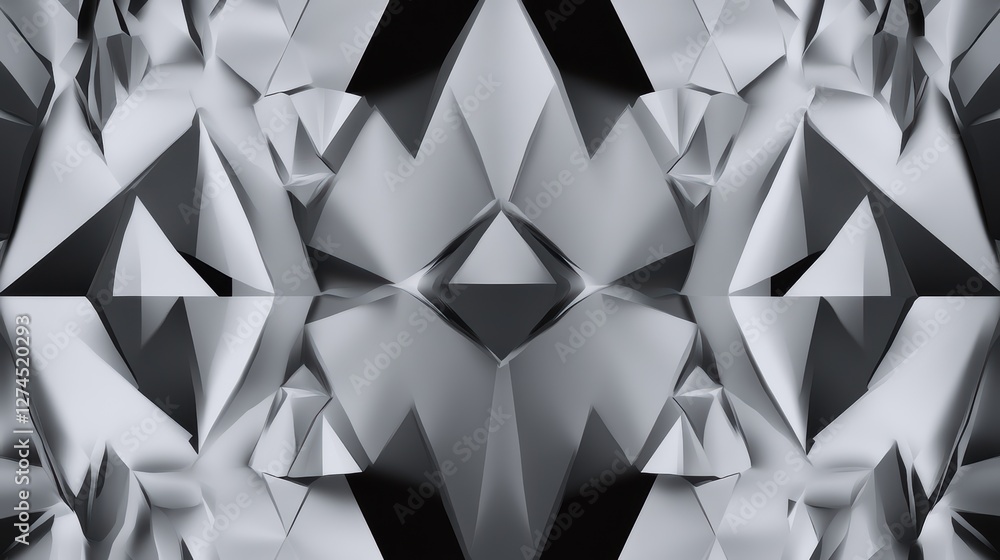 Poster abstract geometric shapes and patterns in black and silver tones creating a modern and sleek design 