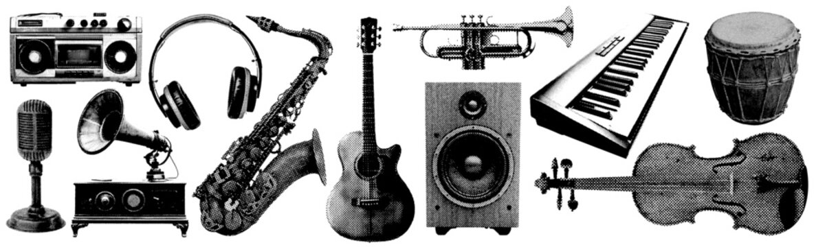 Set of music and instrument halftone grunge vector design elements