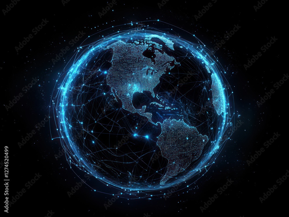 Poster a digital representation of earth showcasing interconnected networks and data flow, symbolizing glob