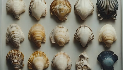 Assorted seashells arranged on a light background, showcasing variety in shape and color, perfect for a nature-inspired aesthetic