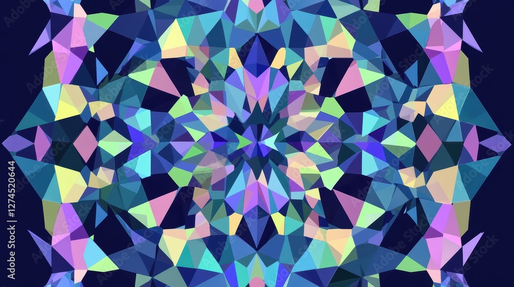 Poster abstract geometric pattern with colorful triangular shapes in blue, purple, green, and pink tones cr