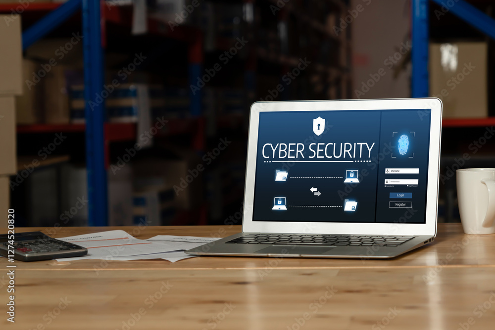 Poster cyber security system on computer screen protect private information snugly from hacker and cyber at