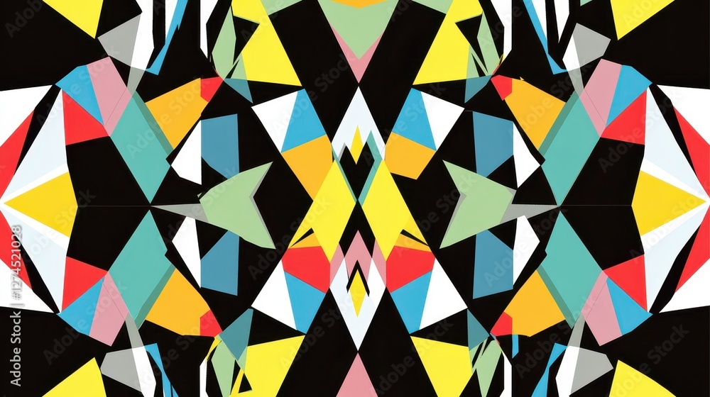 Poster vibrant geometric pattern featuring colorful triangles and shapes on a black background, perfect for