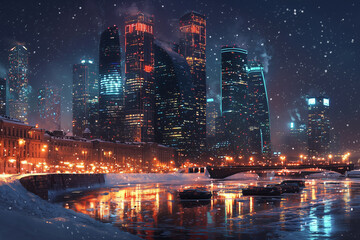 Obraz premium A vibrant winter cityscape illuminated by skyscrapers against a snowy backdrop, capturing the essence of urban life in the cold season.