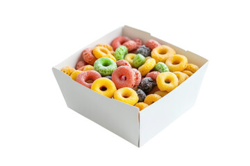 Colorful cereal assortment in a box ready for breakfast or a sweet snack in a bright setting isolated on transparent background