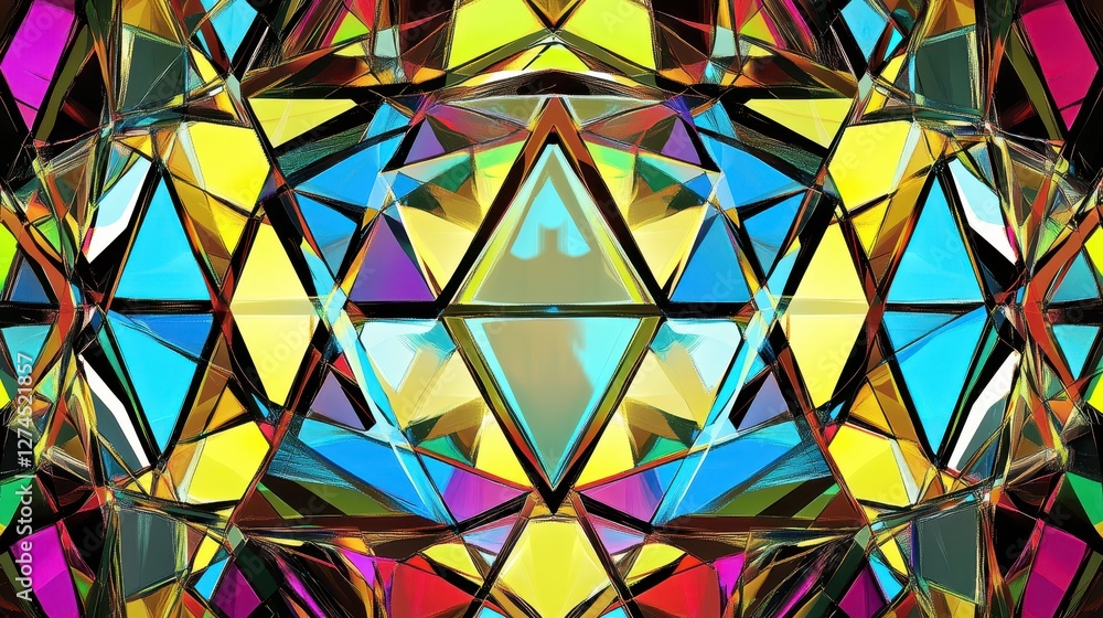 Poster bright and colorful abstract geometric pattern with triangular facets, multicolored glass reflection