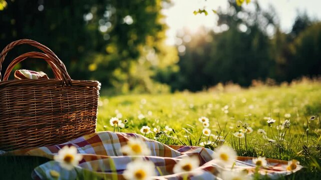 Captivating summer picnic scene with woven basket amidst blooming daisy field in golden hour light