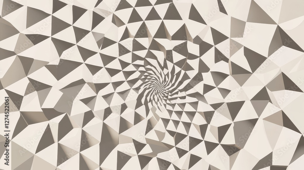 Fototapete Abstract geometric pattern with swirling triangular shapes in neutral tones, creating a sense of depth and dimensionality in a minimalist design