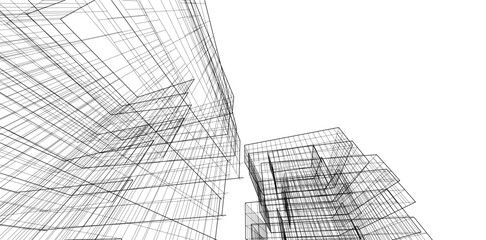 Modern Architectural Wireframe. Futuristic Skyscraper Perspective