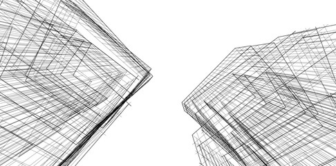 Modern Architectural Wireframe. Futuristic Skyscraper Perspective