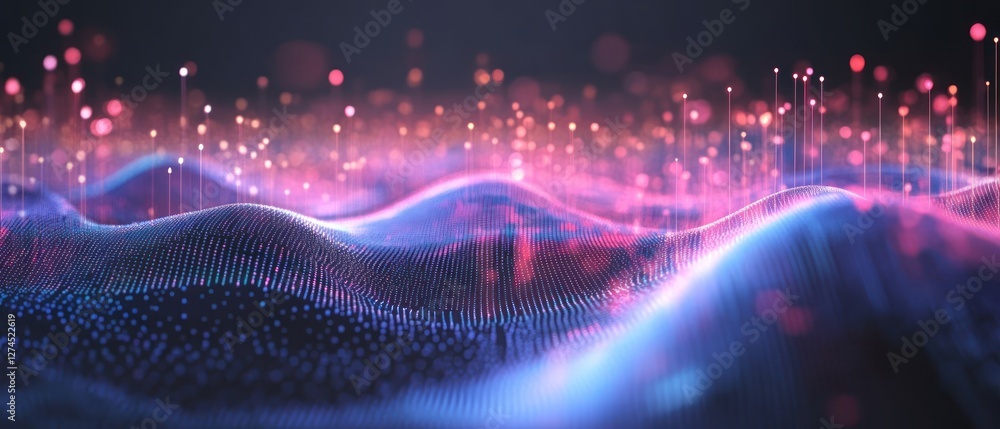 Poster abstract visualization of vibrant, flowing waves of light and color representing digital data and te