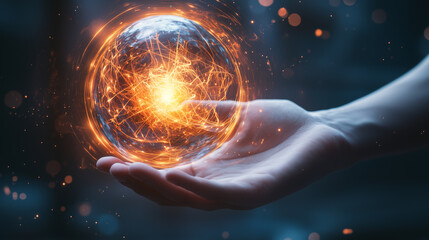 A luminous sphere of energy held delicately in a hand, symbolizing connection and power. The vibrant colors and dynamic light capture a sense of marvel and creativity.