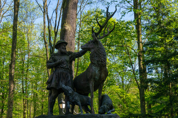 Statue of Saint Hubert with deer in Promnice. Silesian Voivodeship, Poland.