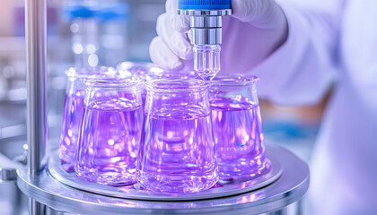 Scientist transferring liquid to beakers in lab