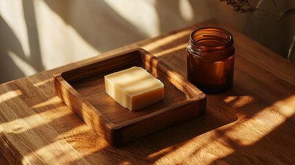 Soap on a wooden tray illuminated by sunlight with an amber glass jar on a wooden surface.