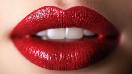 Obraz premium Bold red lips with glossy lipstick and perfect white teeth
