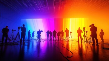 Fototapeta premium Silhouetted Film Crew in Vibrant Studio Setting