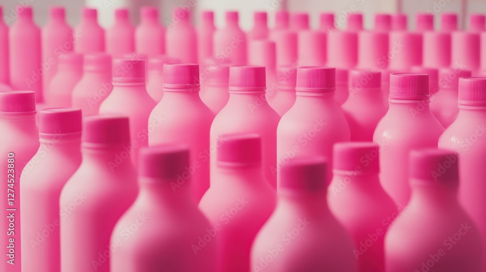 Poster rows of vibrant pink bottles arranged neatly in a well-lit factory setting showcasing production