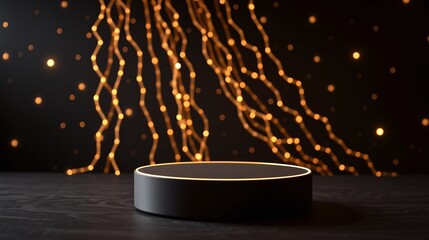 A pedestal illuminated by golden strings of lights on a dark backdrop.