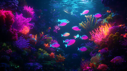 shallow sea view with neon colored fish and marine life