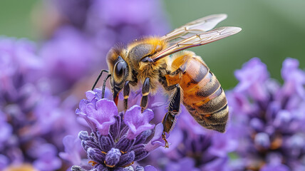 female bee Halictus sp pollinating and feeding on yellow yarrow flowers.
