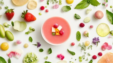 Fresh fruit and herb salad garnished with colorful ingredients on a white background