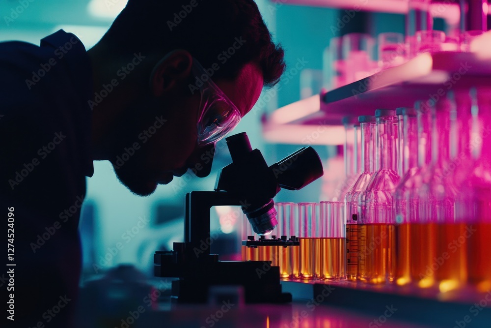 Aufkleber scientist examining samples under microscope in lab