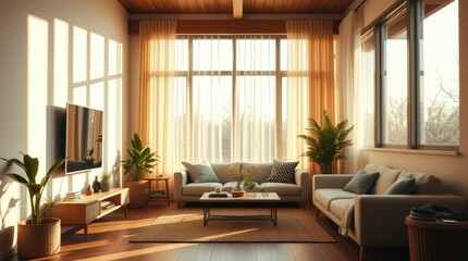 Sunlit Living Room Design with Modern Sofa and Large Windows