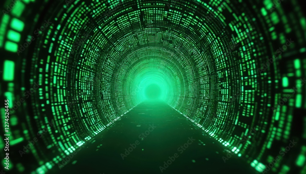 Fototapete Dynamic green digital matrix code on abstract background embodies cyber theme. Tech tunnel illustration suited for electronic security product promo, privacy protection, blockchain big data visual