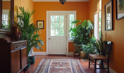 Chic Home with Bold Entryway and Vibrant Plant Life Framing the Bright Space