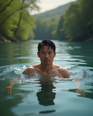 Fototapeta premium Asian man enjoying wild swimming in a clear forest river for cold water therapy, mindfulness, and outdoor wellness lifestyle