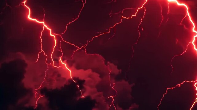Intense red lightning storm illuminates dramatic night sky with electric energy