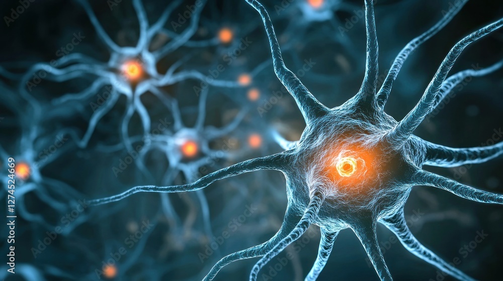 Poster microscopic view of neuron network: a 3d rendering of nerve cells, synapses and neural connections i