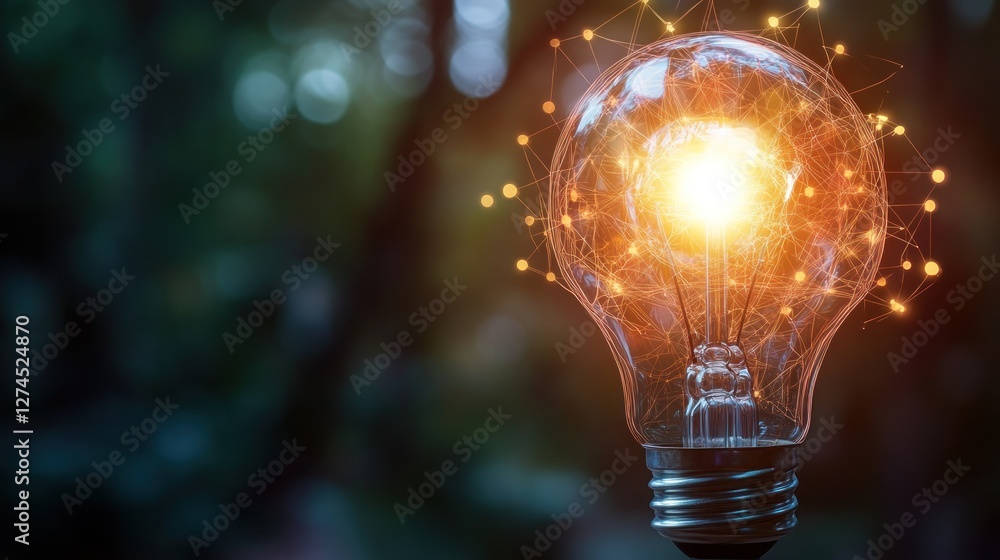 Poster a glowing light bulb with a bright core surrounded by a bokeh background, symbolizing innovation and