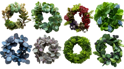 Mini Floral Wreaths Green and Purple Set, Artificial Decor for Home and Party Themes, isolated on transparent background.