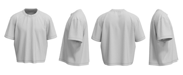 High quality 3D render of a gray oversized t-shirt mockup. Includes front, side, and back views for professional presentations.