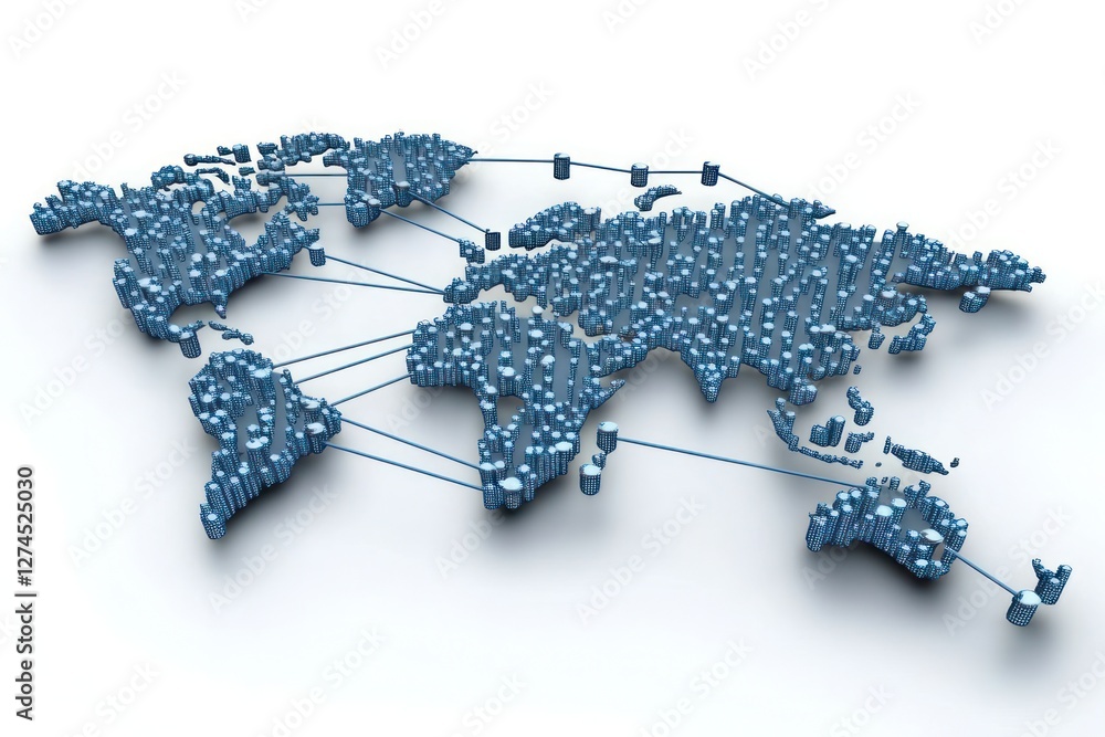 Poster 3d world map with connected nodes and cities