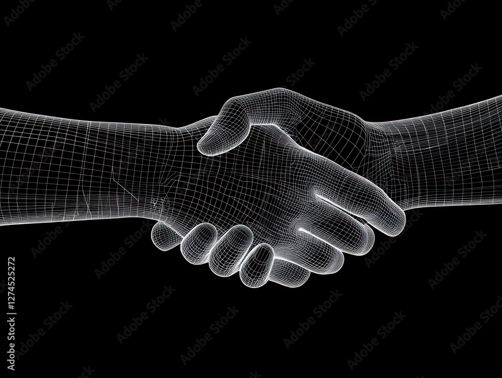 Poster hands shaking in digital wireframe representation