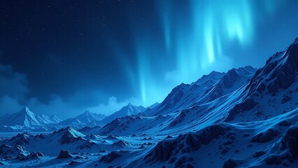 Luminous aurora dances above snow-capped peaks.