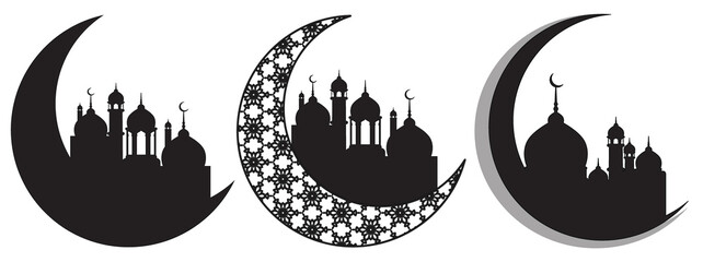 Ramadan Kareem Crescent Moon with Mosque Silhouette Design