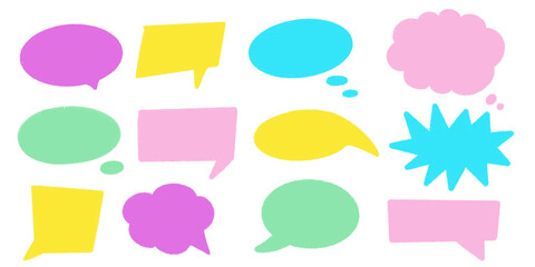 Colorful hand-drawn comic speech bubbles set on transparent background. PNG image